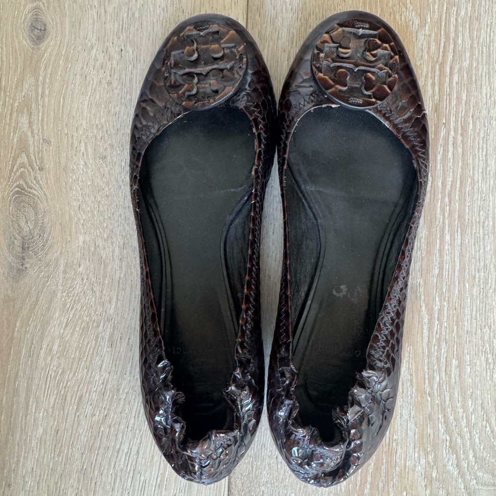 Tory Burch Shoes Reva Ballet Flats, Size 9.5 Brown Python